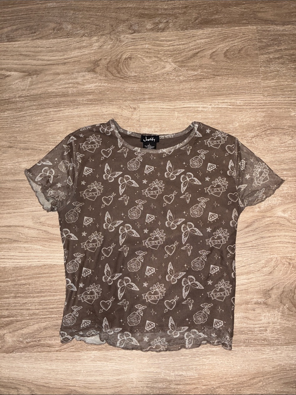 Justify Brown Sheer Butterfly & Rose Mesh Short Sleeve Tee
